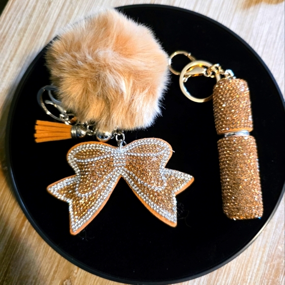 Gold Glam Handbag Charm Set– Rhinestone Bow, Fluffy Pom & Perfume Atomizer - Picture 1 of 2